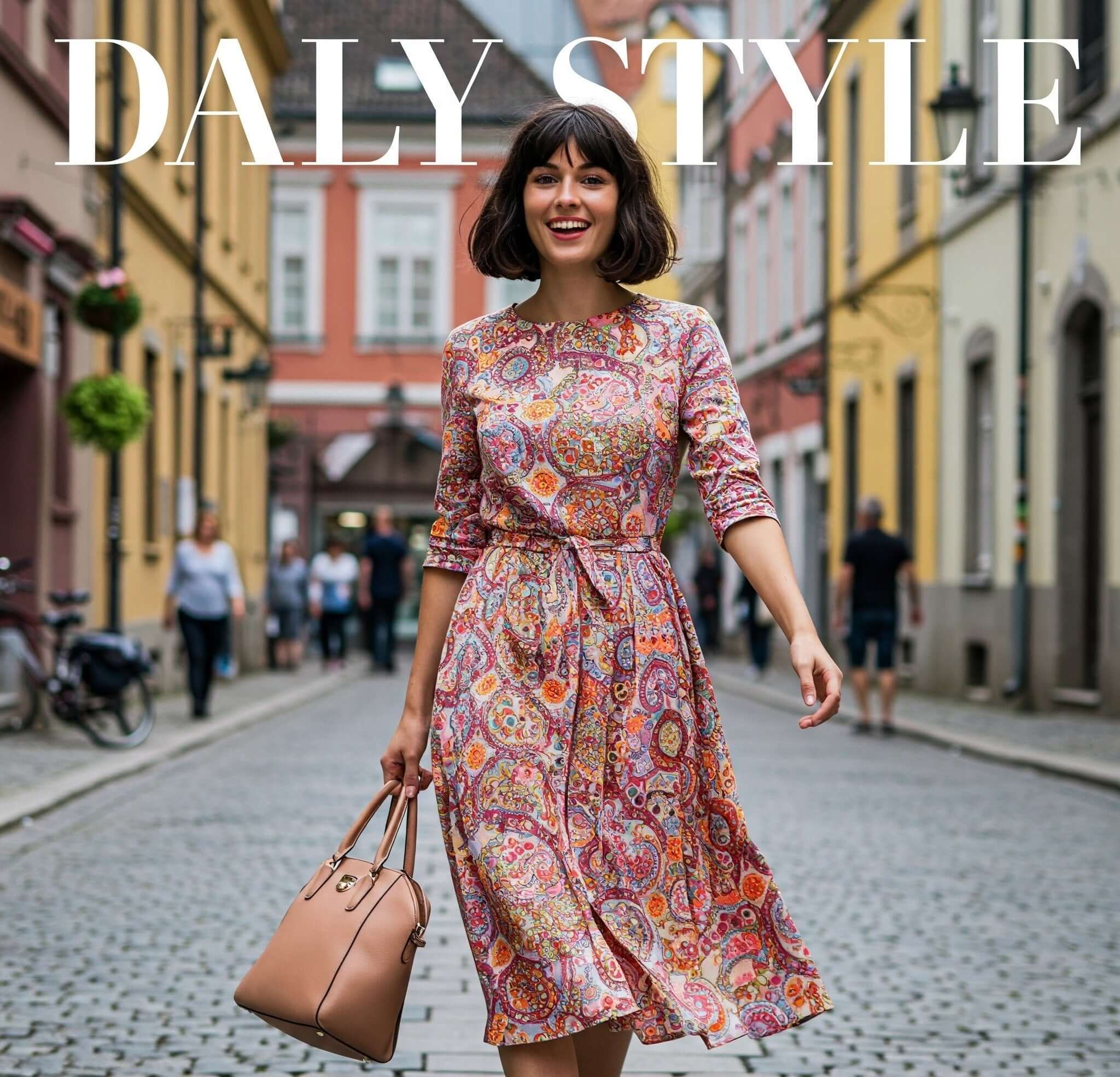 A fashionable woman in a purple dress walks a city street, showcasing a vibrant daily style.