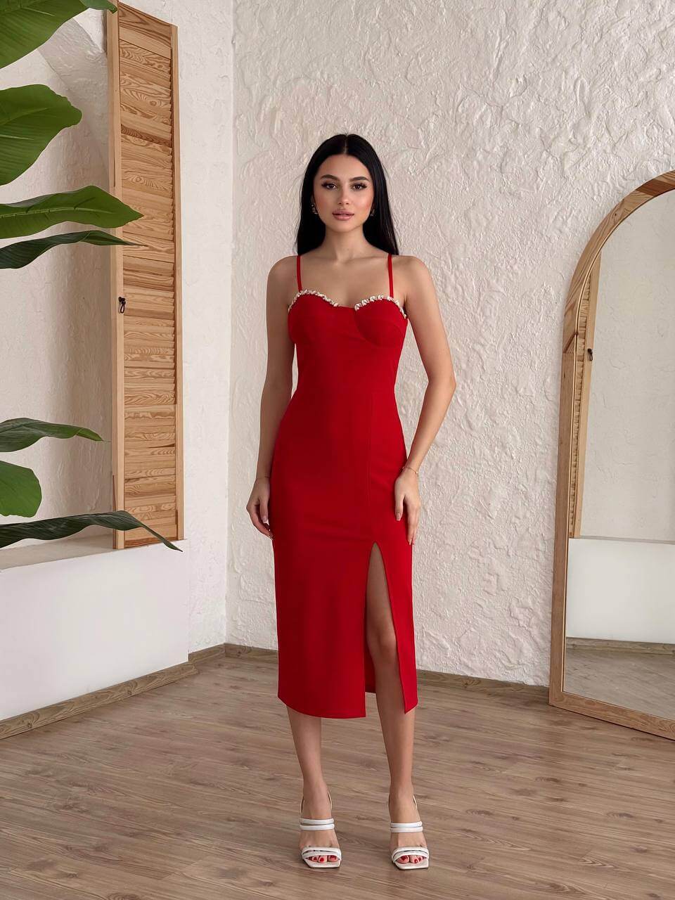 womans red midi dress