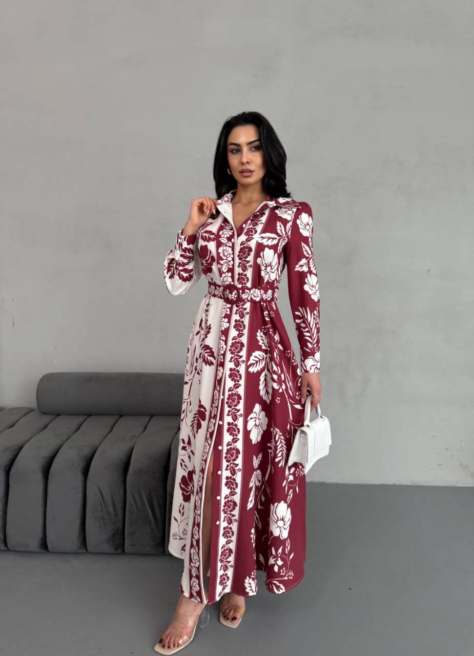 Elegant Floral Print Maxi Dress for Women in white and brown, featuring a button-up collar and long sleeves.
