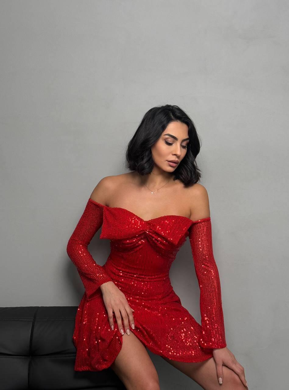 Red bateau pleated sequin dress with full lycra elastic lace, available in sizes S, M, and L.
