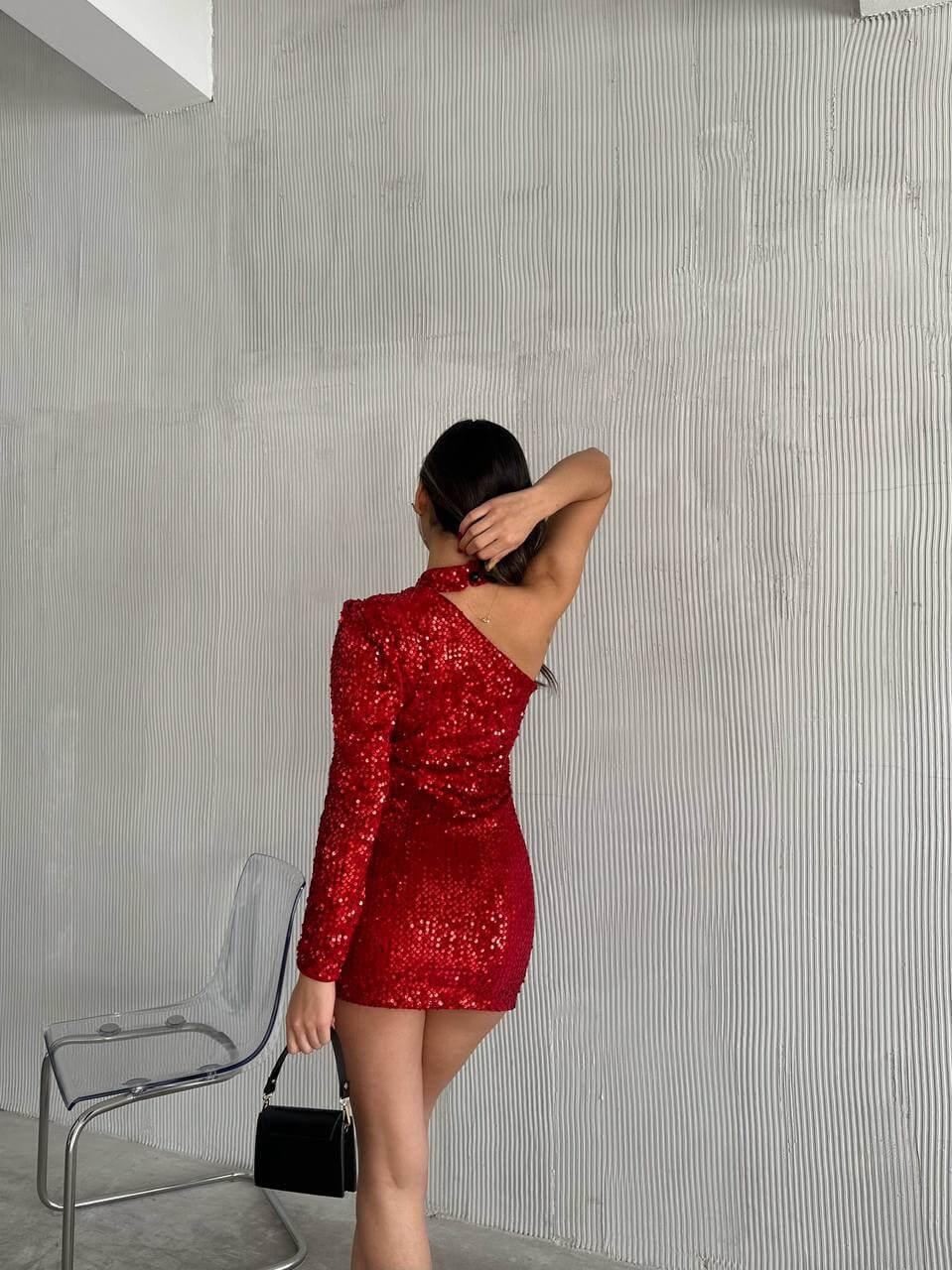 Women's Red One-Shoulder Sequin Short Dress with Halter Neck, Skinny Fit, Suitable for Night