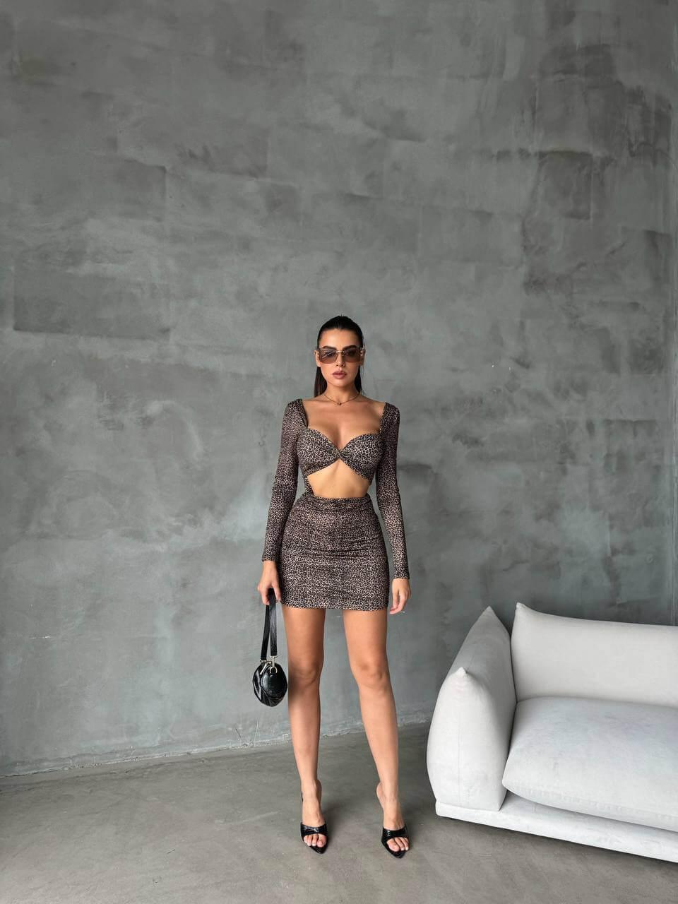 Women's Leopard Print Short Skinny Dress with a Bra-Style Top, Open Back, Stretchy Fabric, and Length Below the Hips