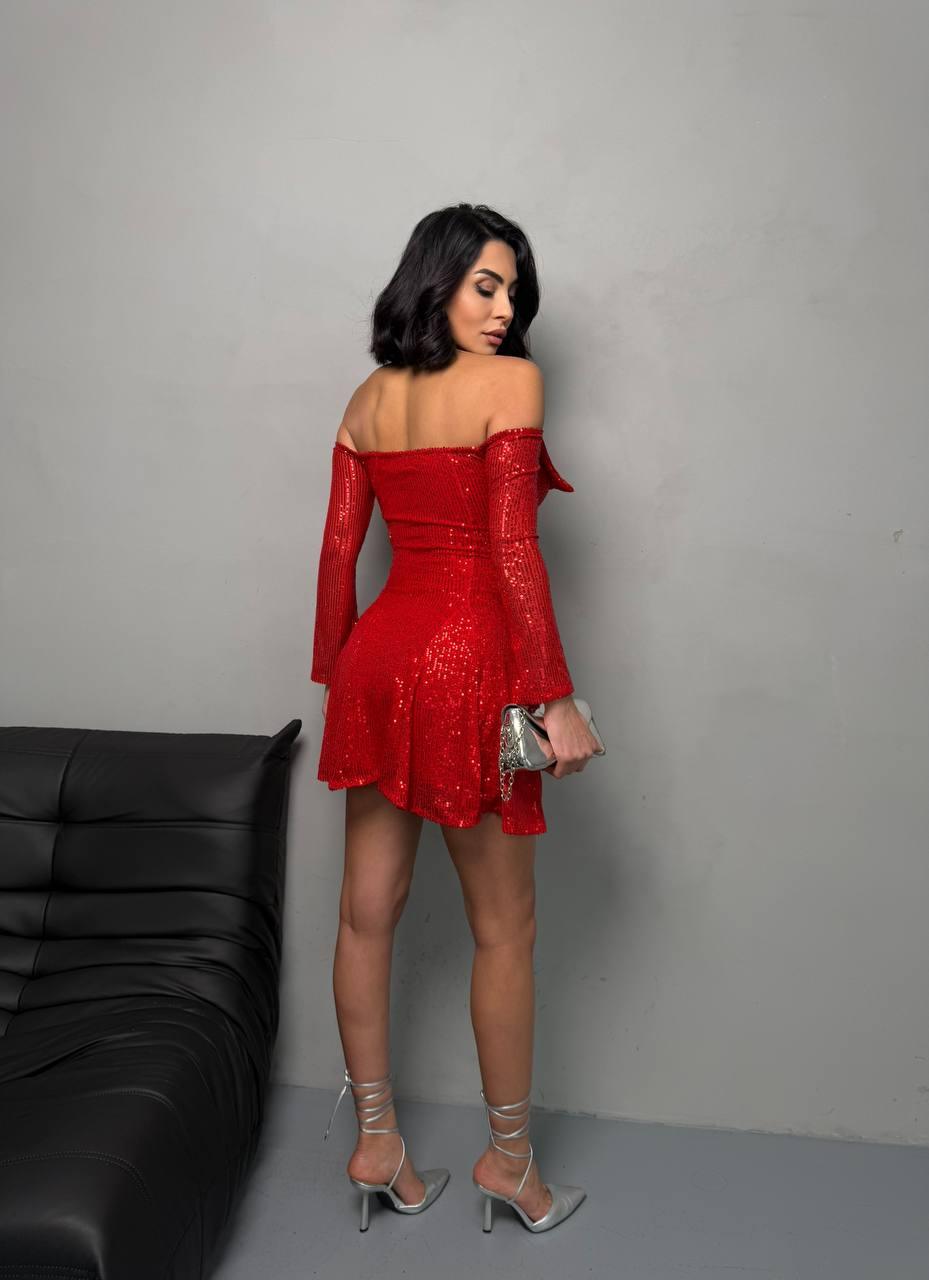 Red bateau pleated sequin dress with full lycra elastic lace, available in sizes S, M, and L.