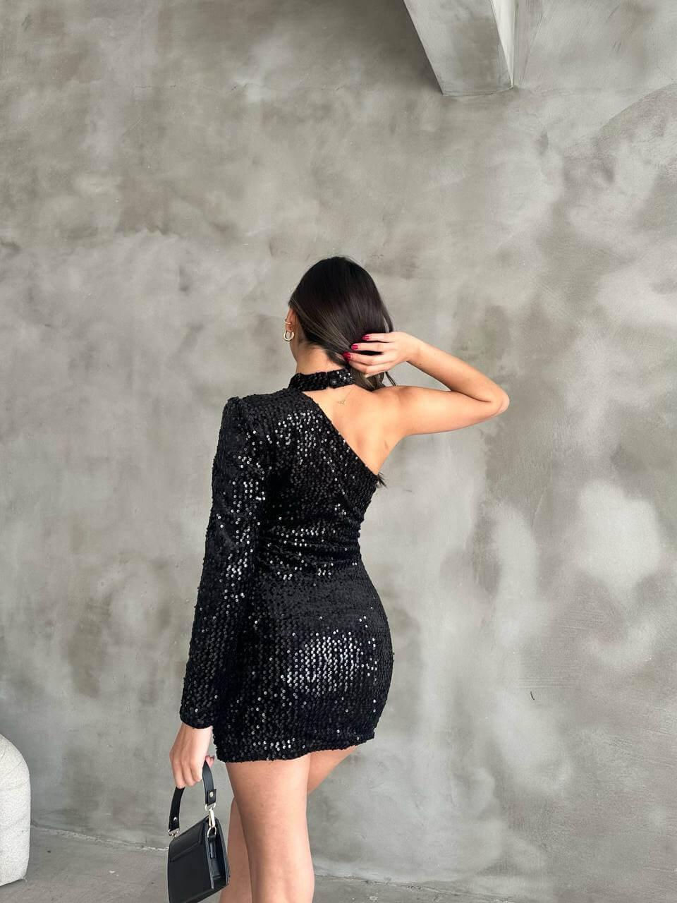 Women's Black One-Shoulder Sequin Short Dress with Halter Neck, Skinny Fit, Suitable for Night