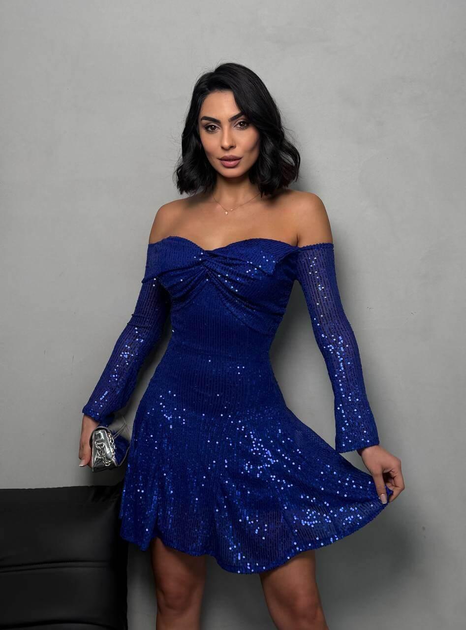 Blue bateau pleated sequin dress with full lycra elastic lace, available in sizes S, M, and L.