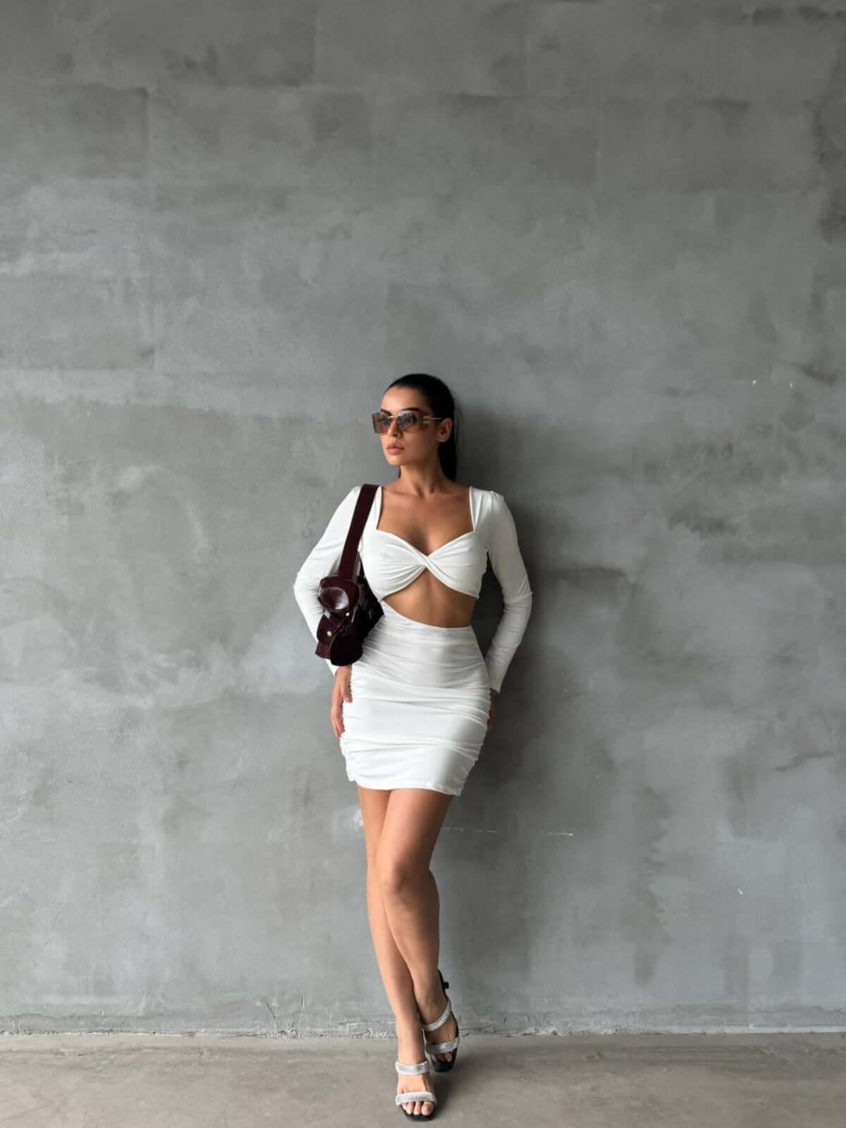 Women's Short White Skinny Dress with a Bra-Style Top, Open Back, Stretchy Fabric, and Length Below the Hips