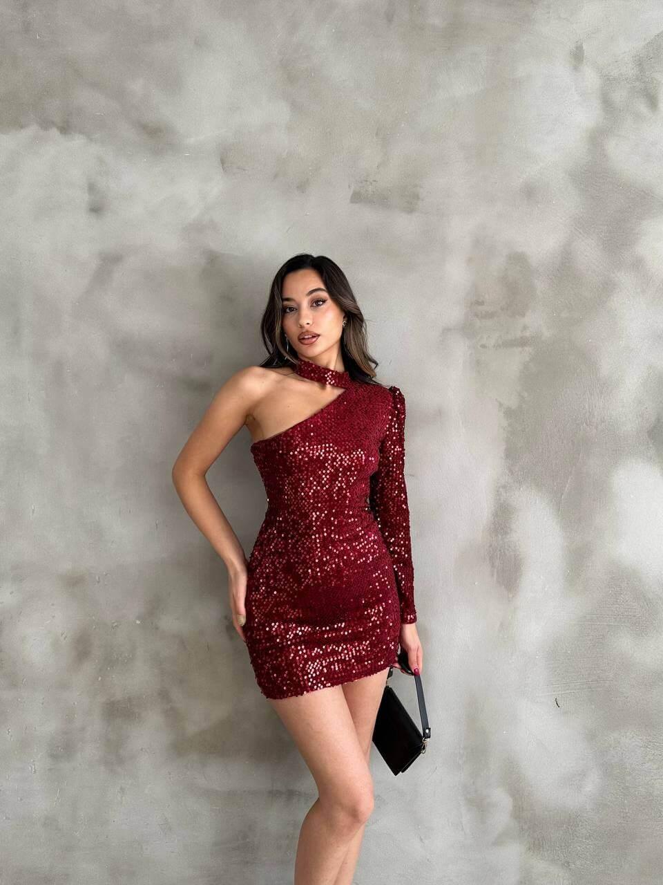 Women's Burgundy One-Shoulder Sequin Short Dress with Halter Neck, Skinny Fit, Suitable for Night