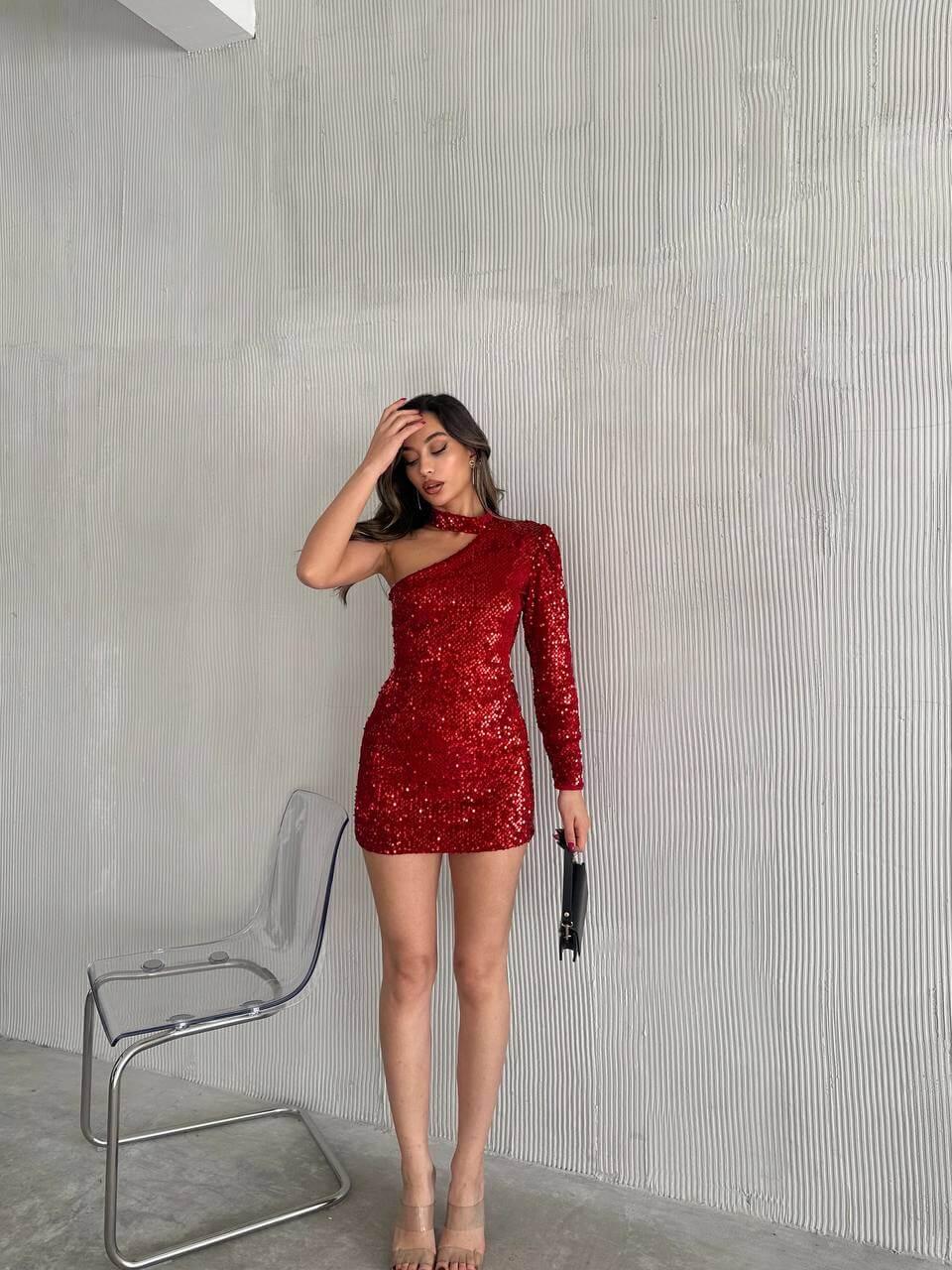 Women's Red One-Shoulder Sequin Short Dress with Halter Neck, Skinny Fit, Suitable for Night