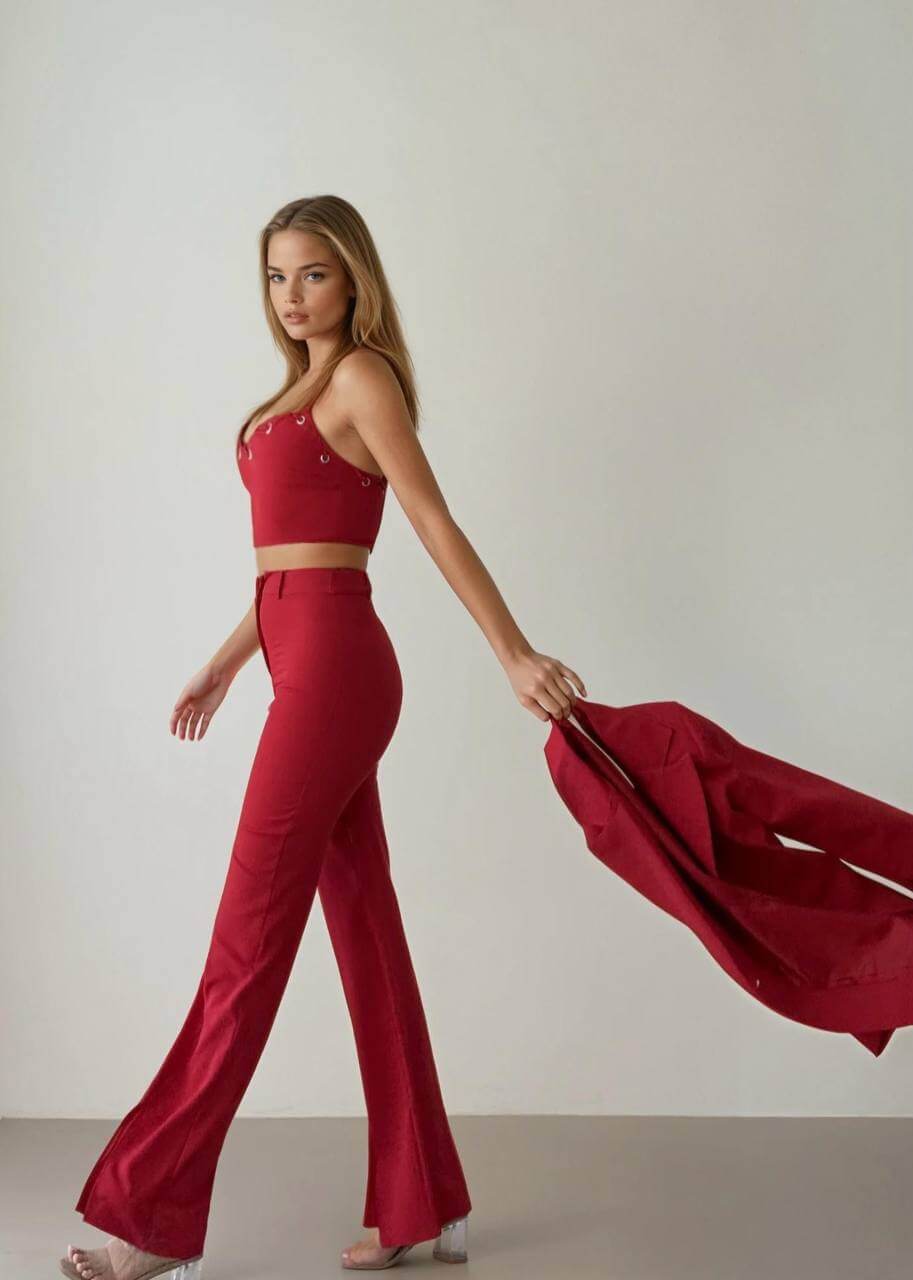 Side view of a model walking and looking at the camera while wearing the red three-piece set (blazer, crop top, and slit pants). The model is holding the blazer in their hand as they walk.
