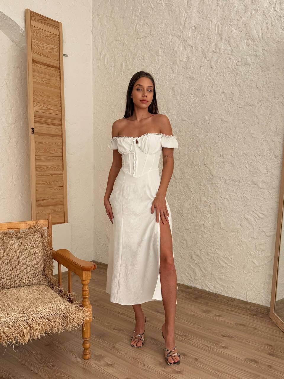 Women's White Dress with Dropped Sleeves and a Slit Skirt