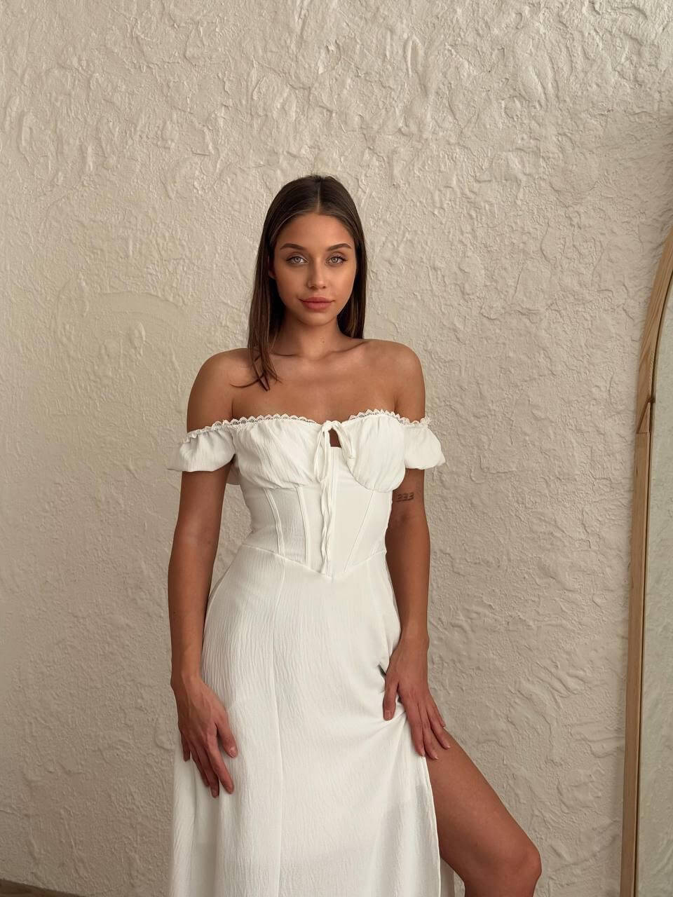 Women's White Dress with Dropped Sleeves and a Slit Skirt