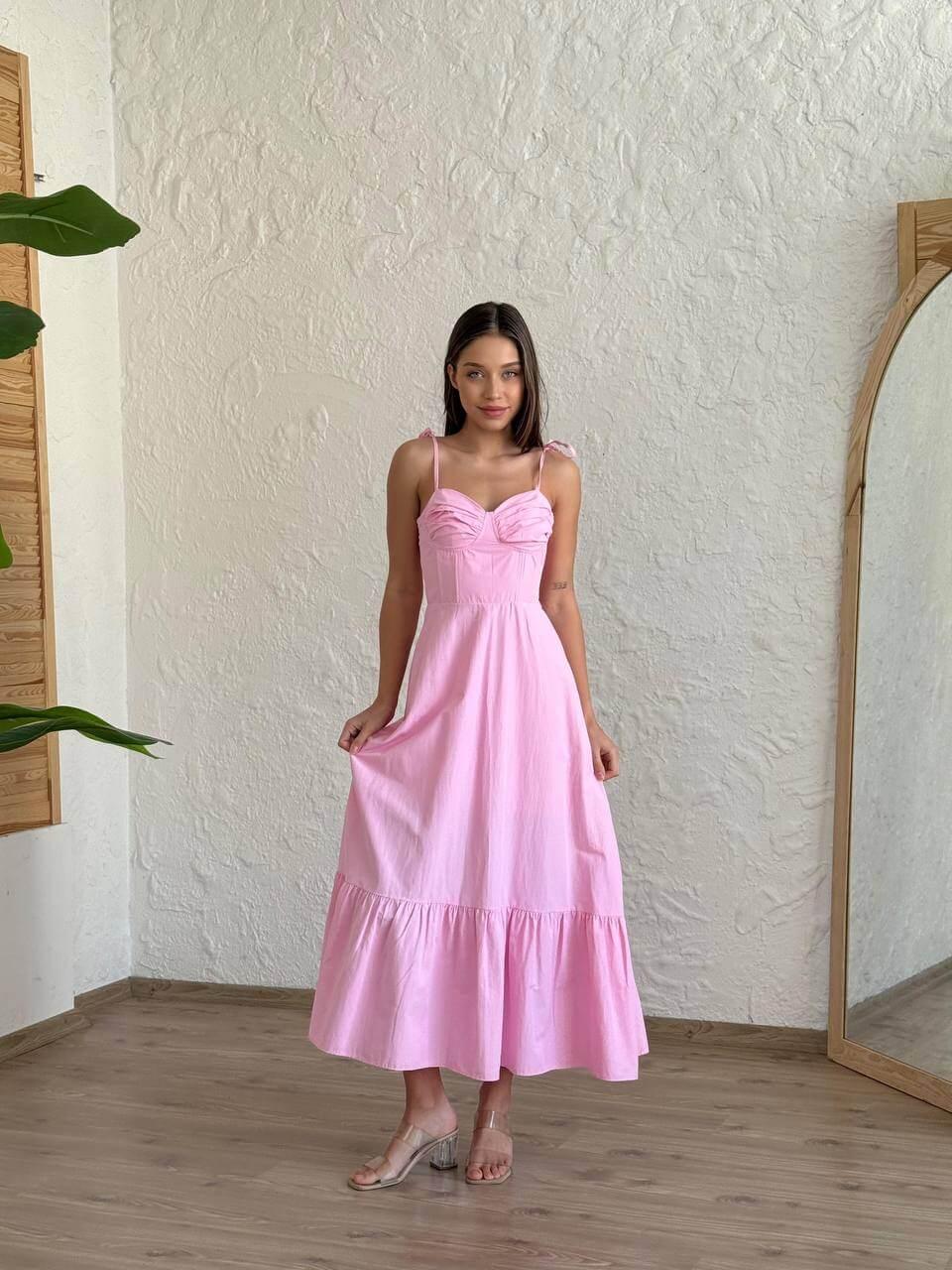 Women's Long Light Pink Summer Dress with Ruffled Hem and Spaghetti Straps