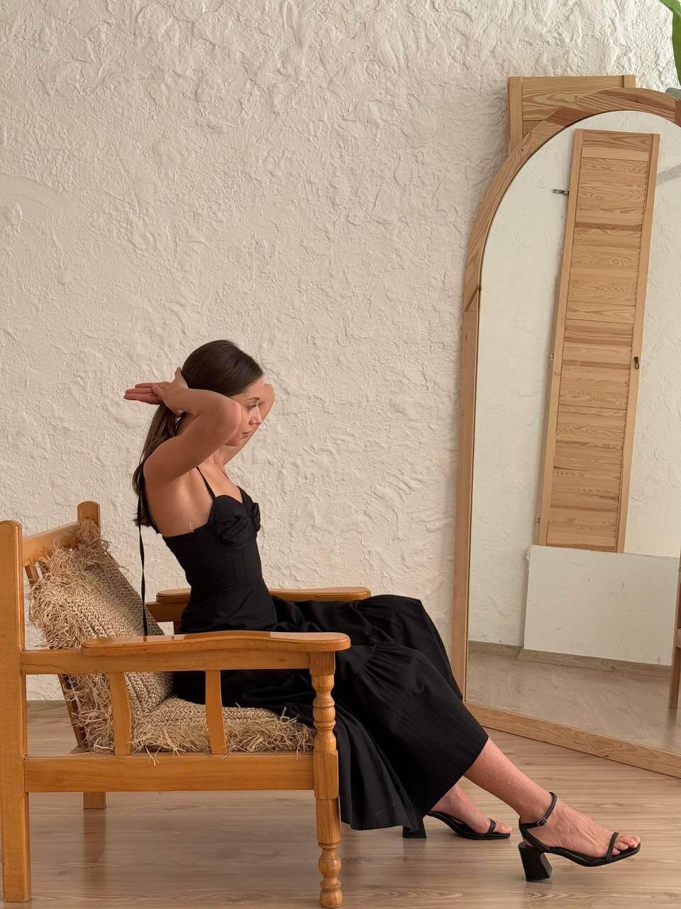 Women's Long Black Summer Dress with Ruffled Hem and Spaghetti Straps