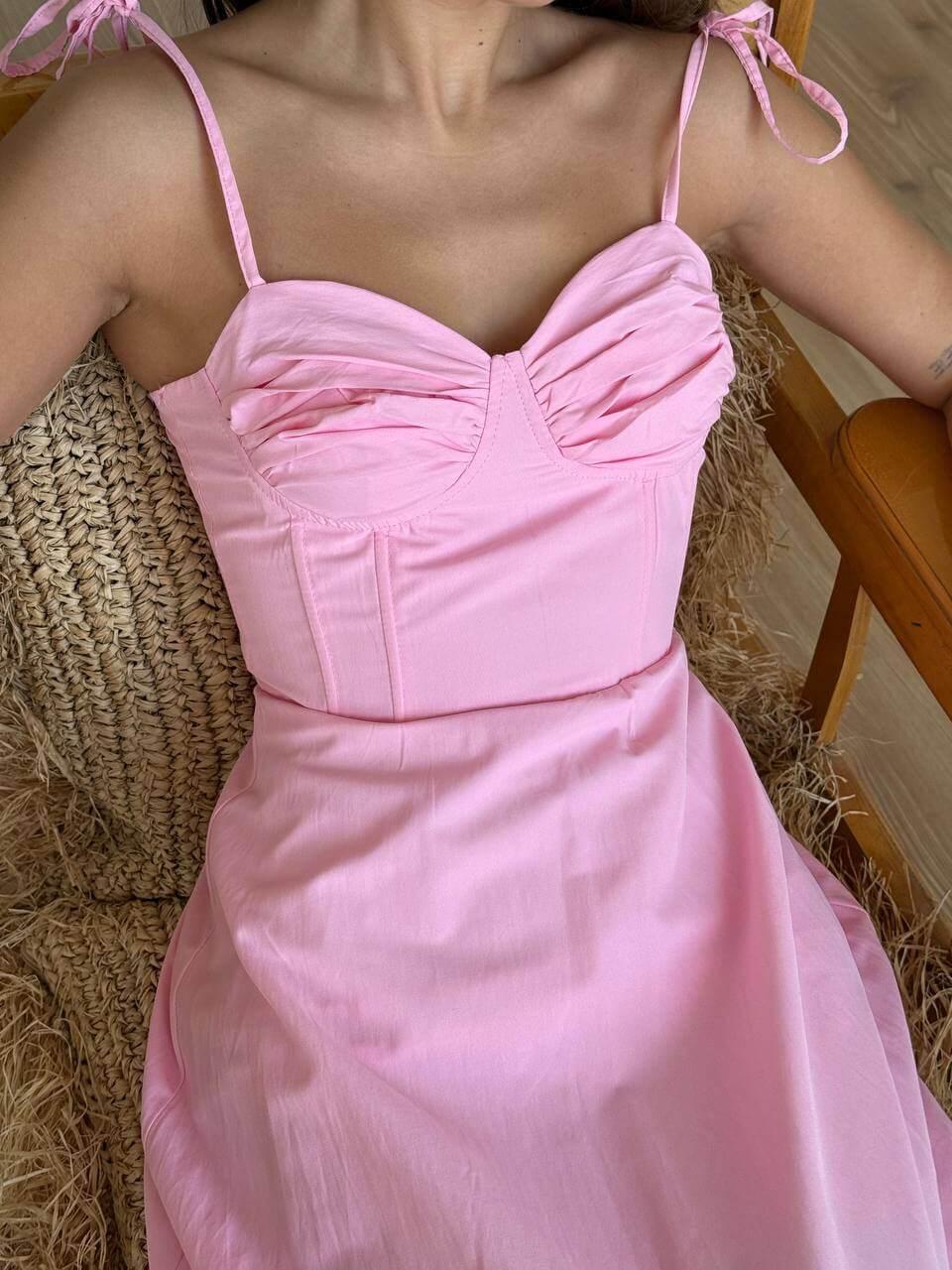Women's Long Light Pink Summer Dress with Ruffled Hem and Spaghetti Straps