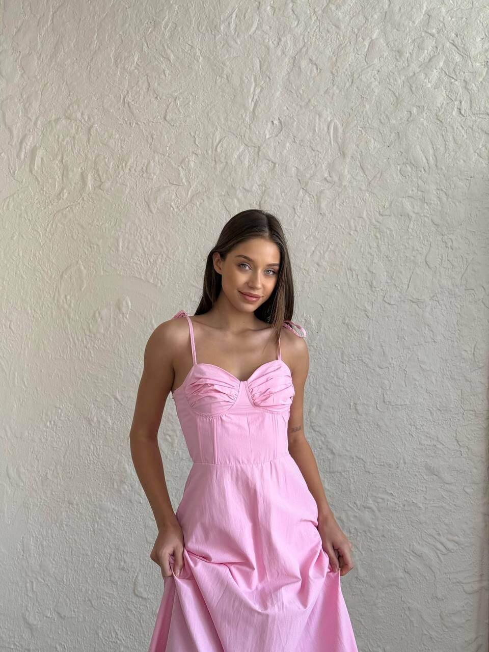 Women's Long Light Pink Summer Dress with Ruffled Hem and Spaghetti Straps
