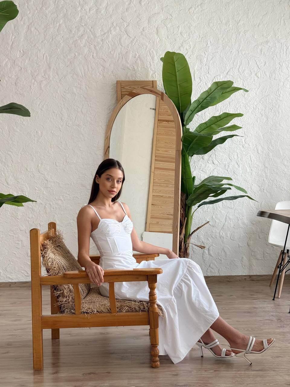 Women's Long White Summer Dress with Ruffled Hem and Spaghetti Straps