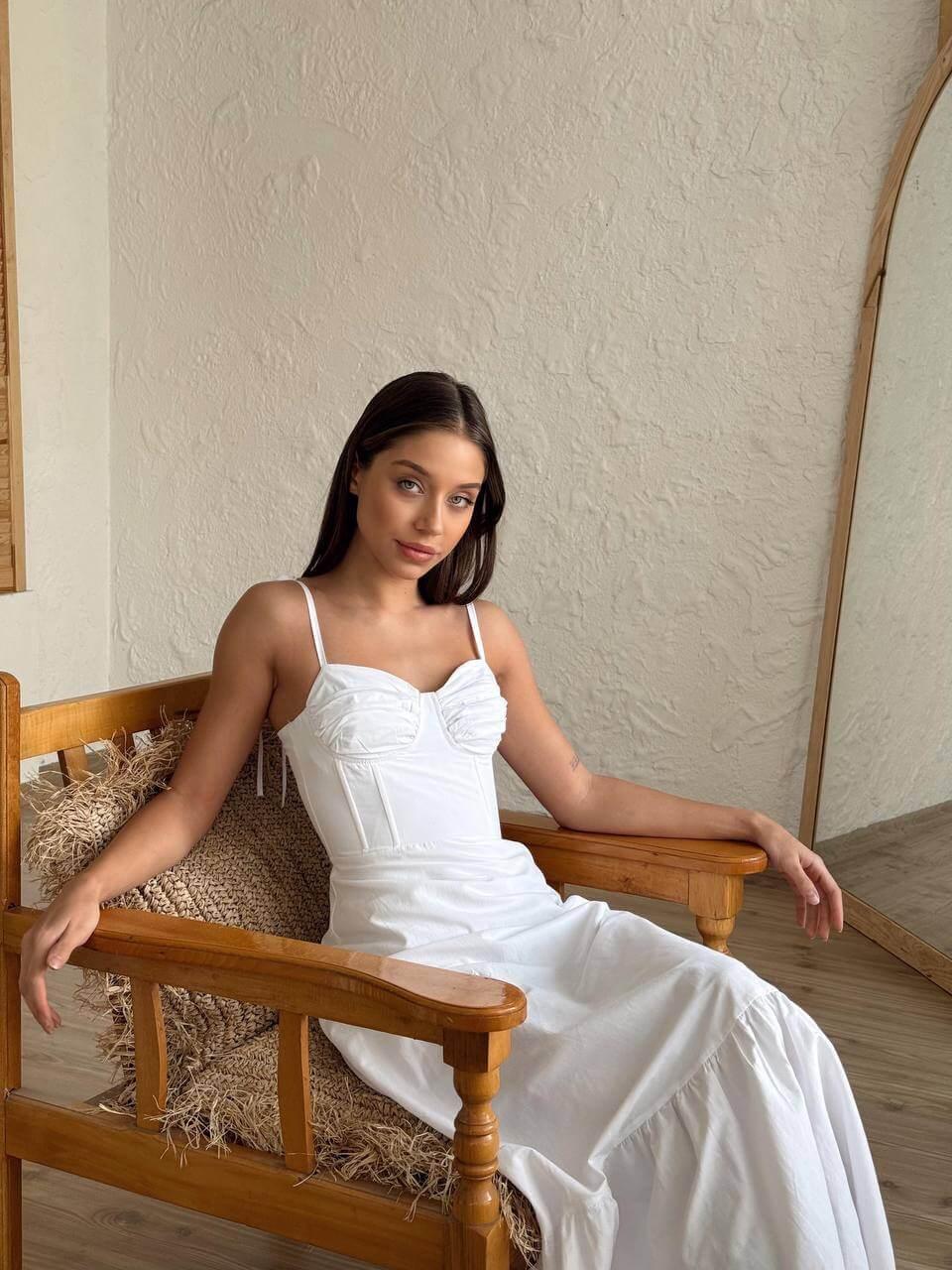Women's Long White Summer Dress with Ruffled Hem and Spaghetti Straps