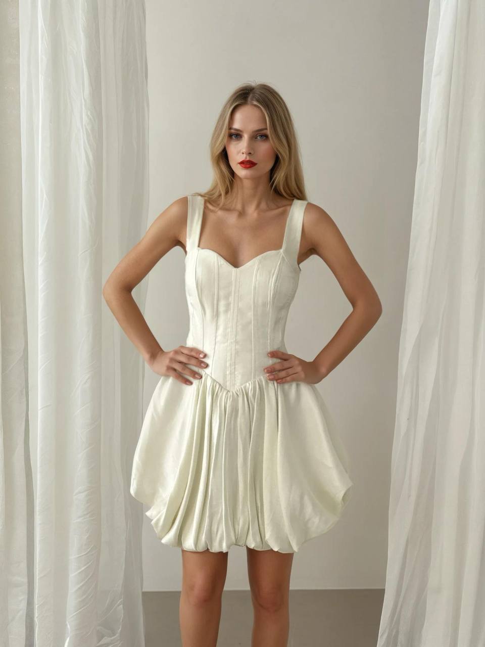 Sleeveless white mini evening dress featuring a sweetheart bodice and a gathered, puffy skirt worn by a woman.