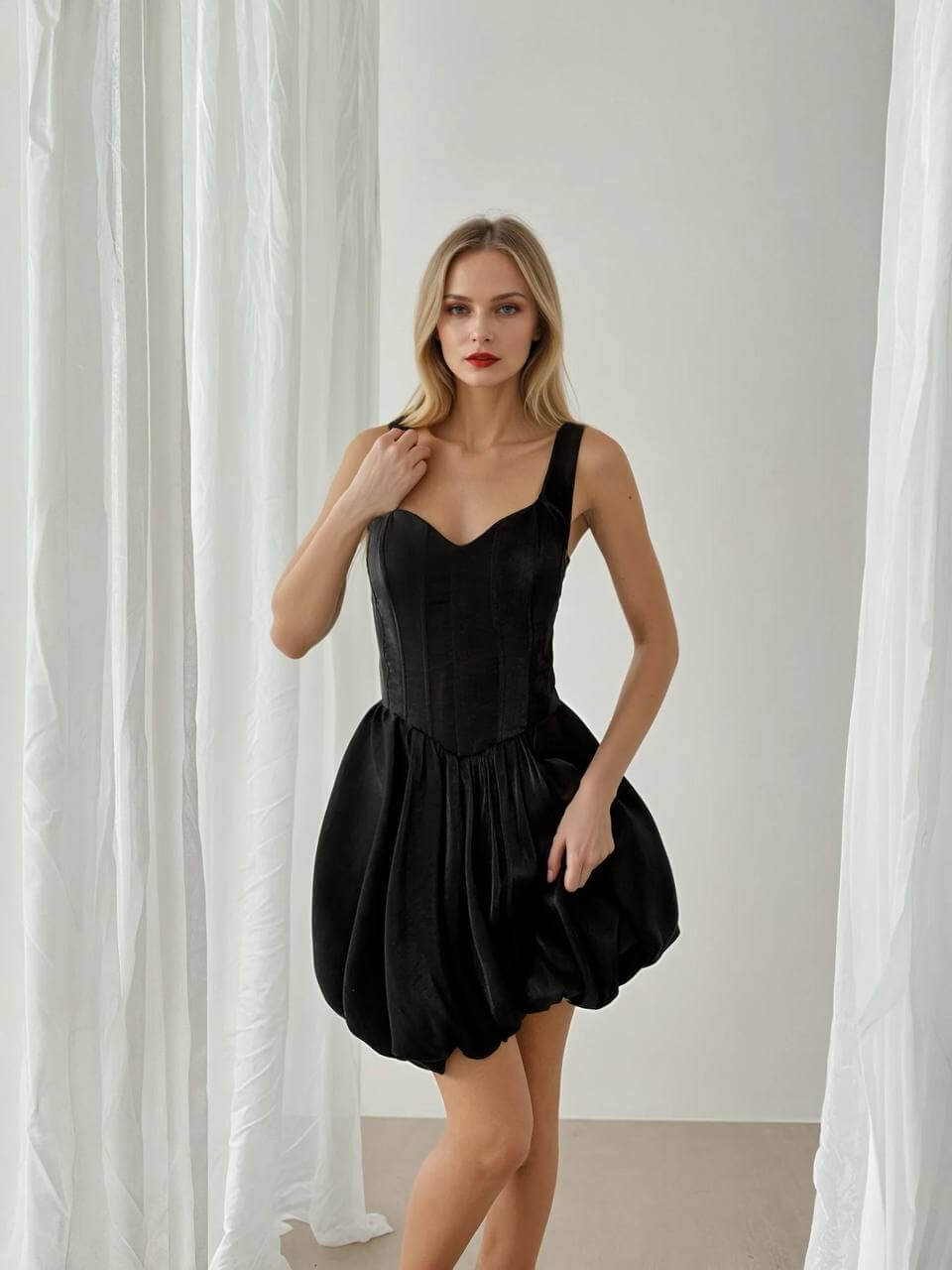 Elegant black mini evening dress featuring a sweetheart bodice and a gathered, puffy skirt, representing modern Turkish fashion.