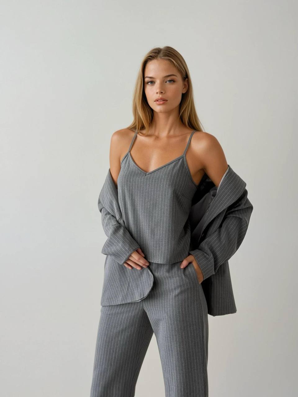 Woman in a grey three-piece pantsuit.
