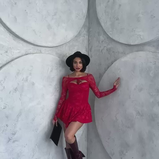 red princess dress with lace sleeves, featuring intricate lace details and a bust glop with shorts inside. The dress is made of full lycra stretch lace.