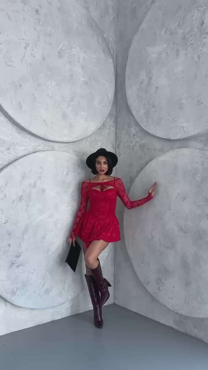 red princess dress with lace sleeves, featuring intricate lace details and a bust glop with shorts inside. The dress is made of full lycra stretch lace.