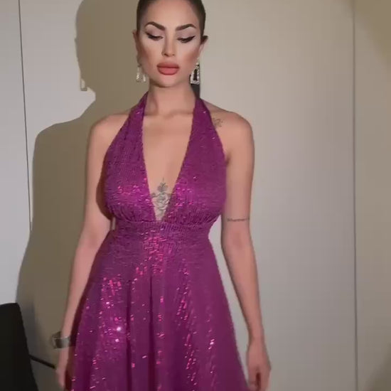 Women's purple Sequin Halter Neck Short Dress Above the Knee, Suitable for Night