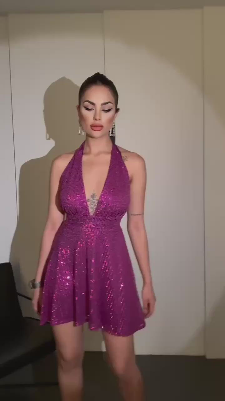 Women's purple Sequin Halter Neck Short Dress Above the Knee, Suitable for Night