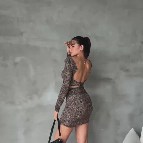 Women's Leopard Print Short Skinny Dress with a Bra-Style Top, Open Back, Stretchy Fabric, and Length Below the Hips