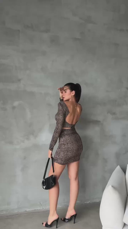 Women's Leopard Print Short Skinny Dress with a Bra-Style Top, Open Back, Stretchy Fabric, and Length Below the Hips