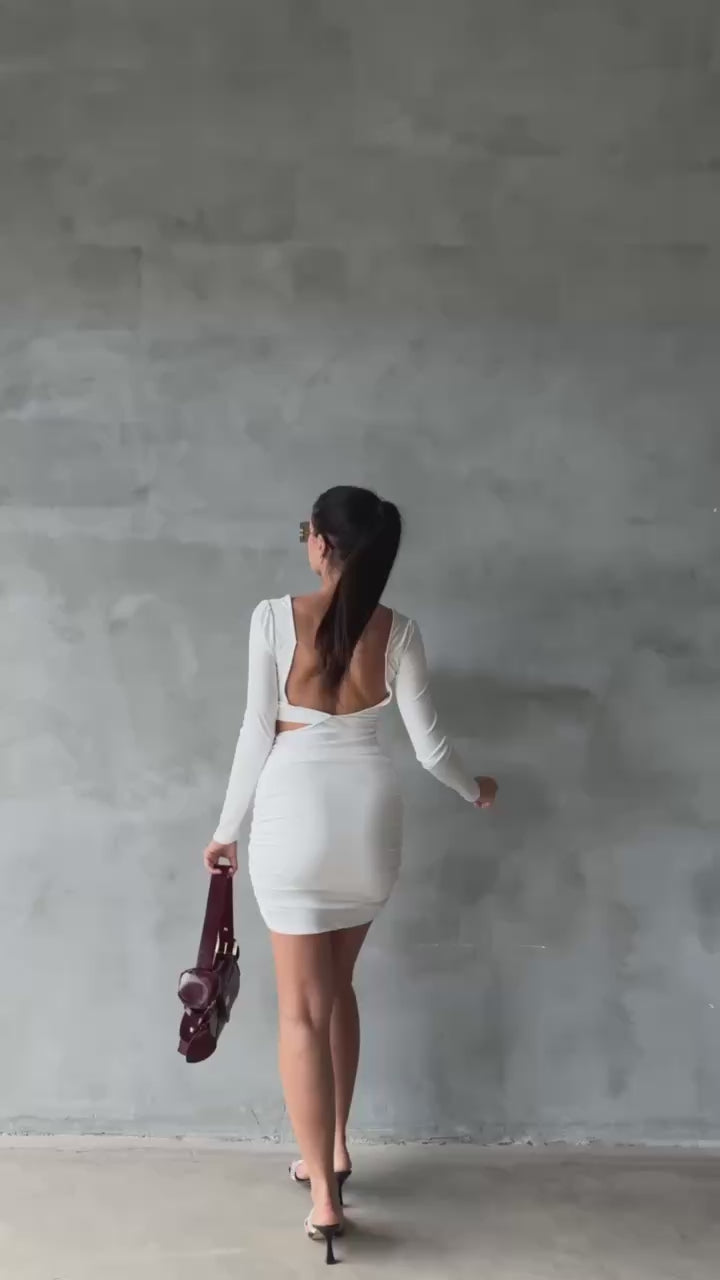 Women's Short White Skinny Dress with a Bra-Style Top, Open Back, Stretchy Fabric, and Length Below the Hips