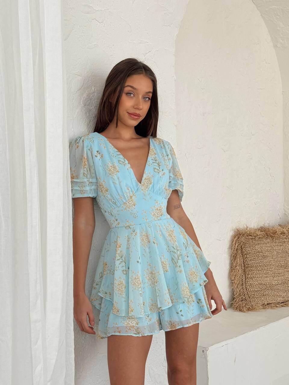 Short green floral chiffon summer dress with short sleeves