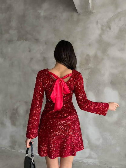 Women's Red Sequin Short Dress with Long Sleeves and A-Line Skirt, Suitable for Night