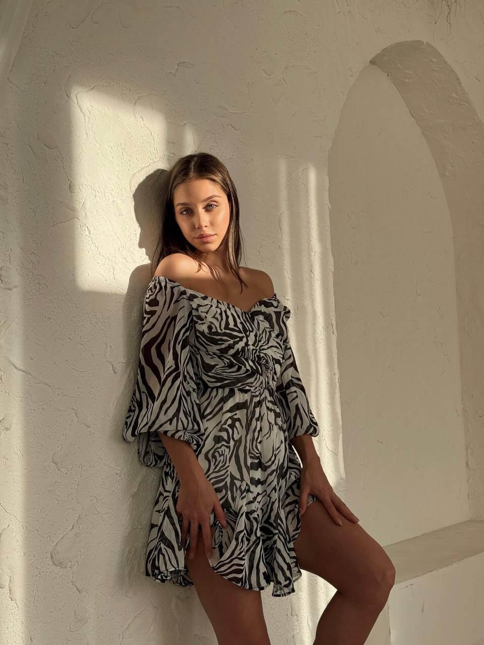 Women's short zebra-print dress with an open back, deep front neckline, long slit sleeves.