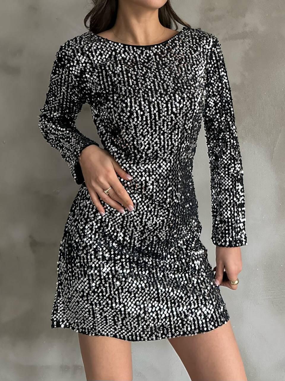 Women's Silver Sequin Short Dress with Long Sleeves and A-Line Skirt, Suitable for Night