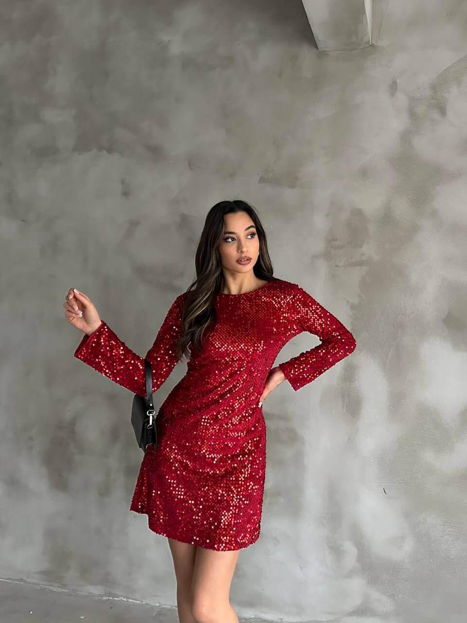 Women's Red Sequin Short Dress with Long Sleeves and A-Line Skirt, Suitable for Night