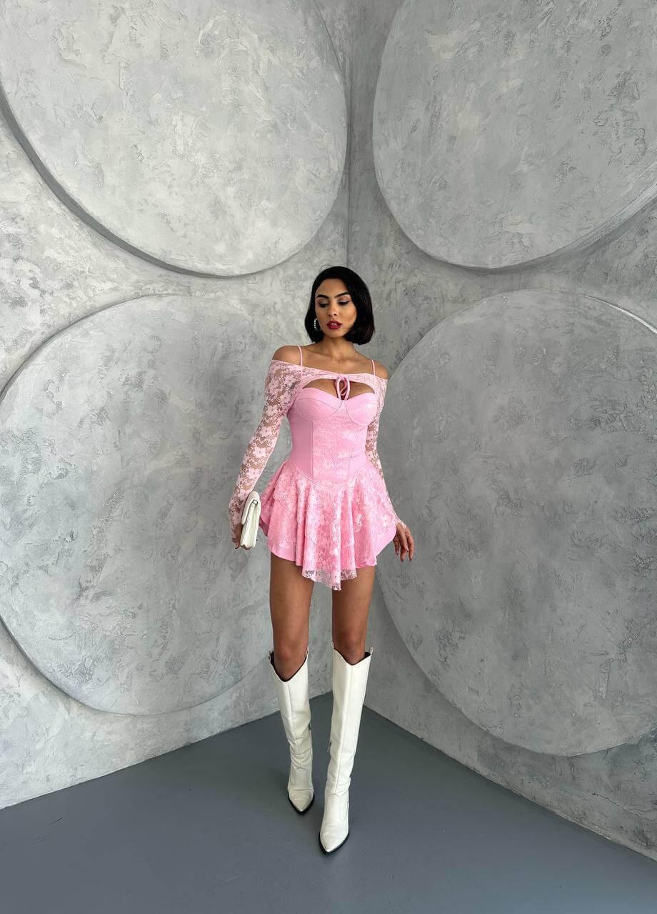 Pink princess dress with lace sleeves, featuring intricate lace details and a bust glop with shorts inside. The dress is made of full lycra stretch lace.