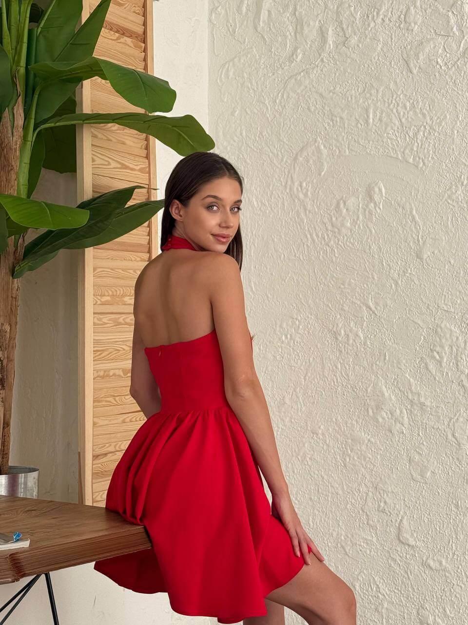 Short red-colored dress with a halter neckline, open back, and flared skirt.