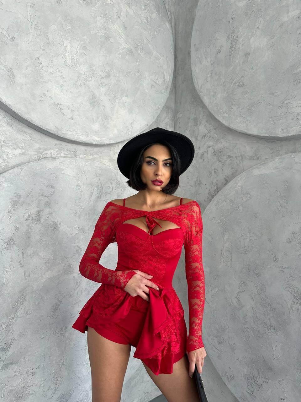red princess dress with lace sleeves, featuring intricate lace details and a bust glop with shorts inside. The dress is made of full lycra stretch lace.