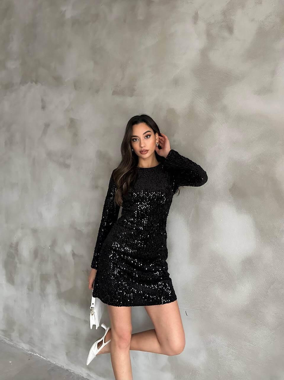 Women's Black Sequin Short Dress with Long Sleeves and A-Line Skirt, Suitable for Night