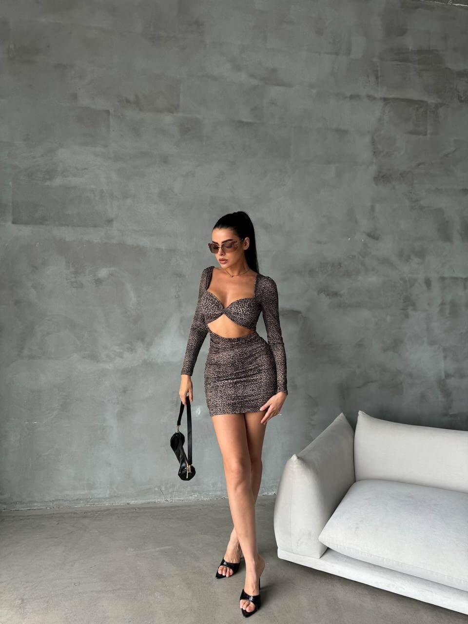 Women's Leopard Print Short Skinny Dress with a Bra-Style Top, Open Back, Stretchy Fabric, and Length Below the Hips