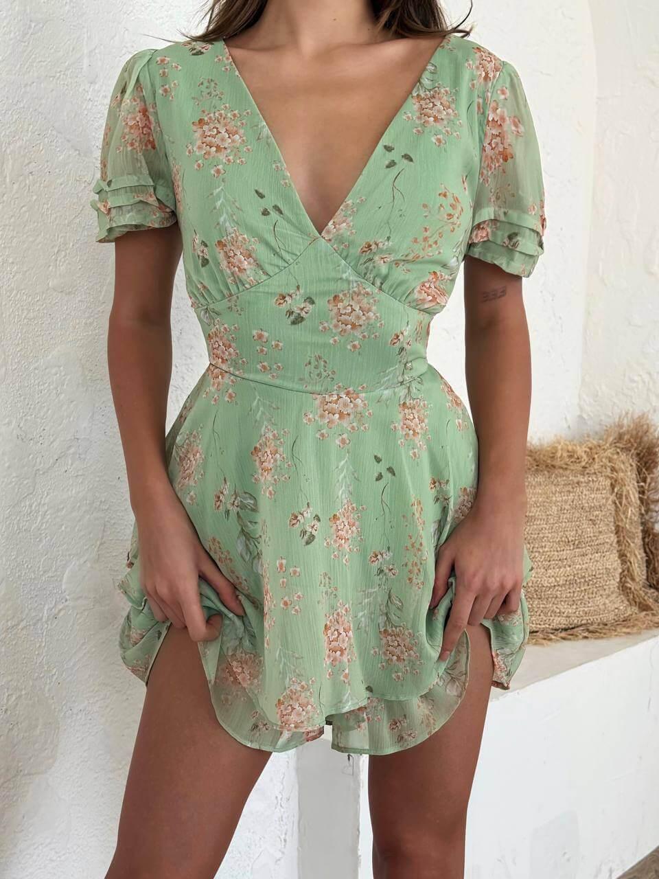 Short green floral chiffon summer dress with short sleeves