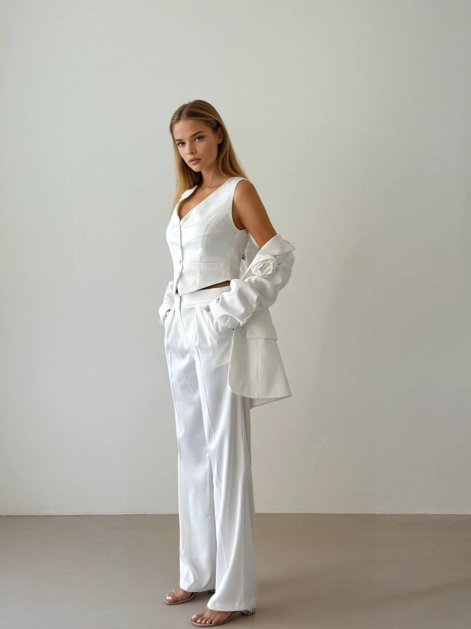 Elegant Blazer & Waistcoat Set with Floral Detai
