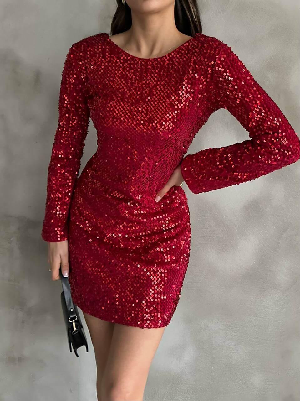 Women's Red Sequin Short Dress with Long Sleeves and A-Line Skirt, Suitable for Night