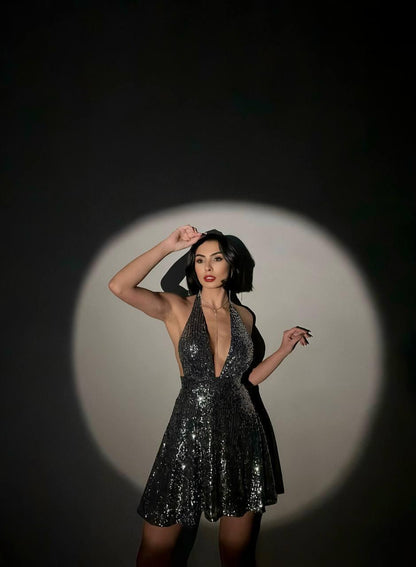 Women's silver Sequin Halter Neck Short Dress Above the Knee, Suitable for Night