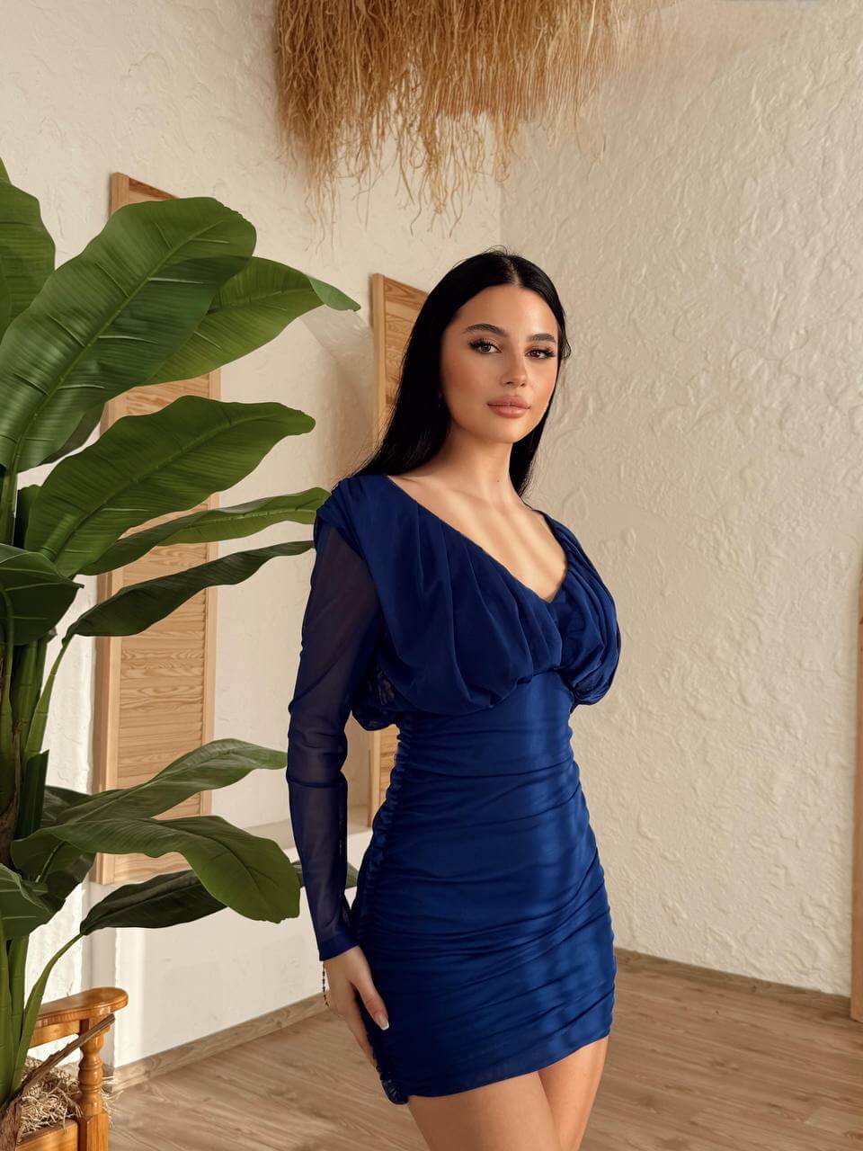 Navy Ruched Long-Sleeved Dress with Deep V-Neckline