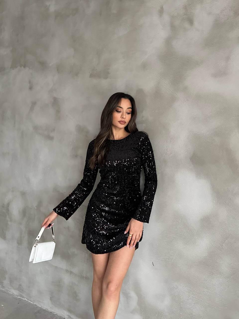 Women's Black Sequin Short Dress with Long Sleeves and A-Line Skirt, Suitable for Night