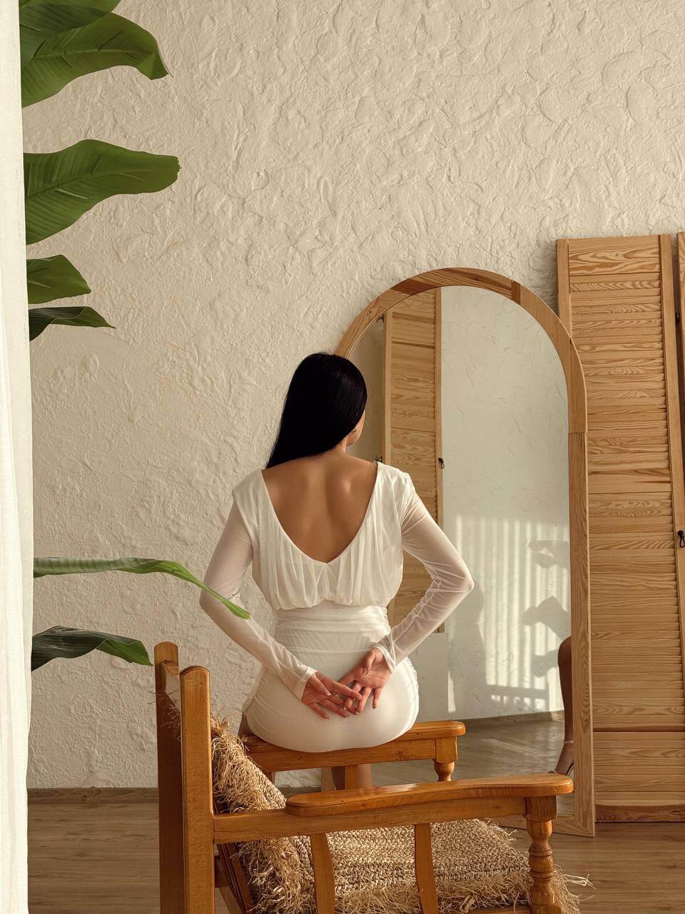 White Ruched Long-Sleeved Dress with Deep V-Neckline