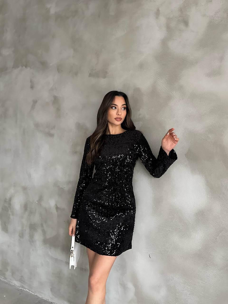 Women's Black Sequin Short Dress with Long Sleeves and A-Line Skirt, Suitable for Night