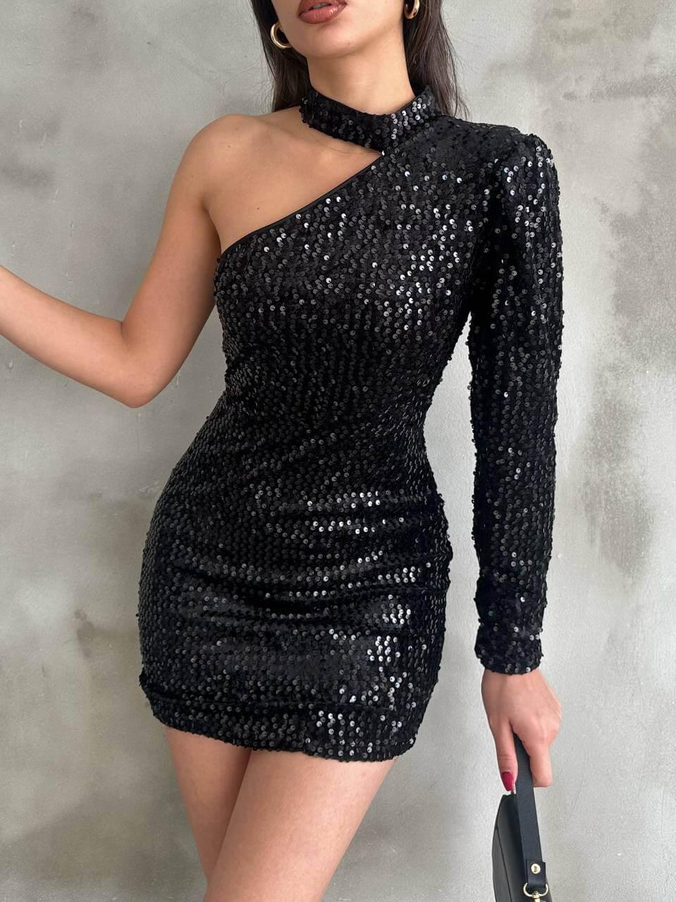 Women's Black One-Shoulder Sequin Short Dress with Halter Neck, Skinny Fit, Suitable for Night